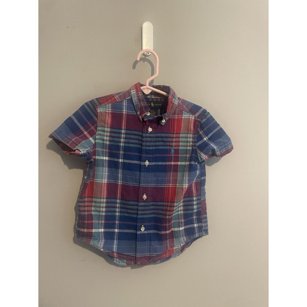 Ralph Lauren Blue Plaid Button Down Short Sleeve SHIRT Iconic Pony‎ Logo 3t